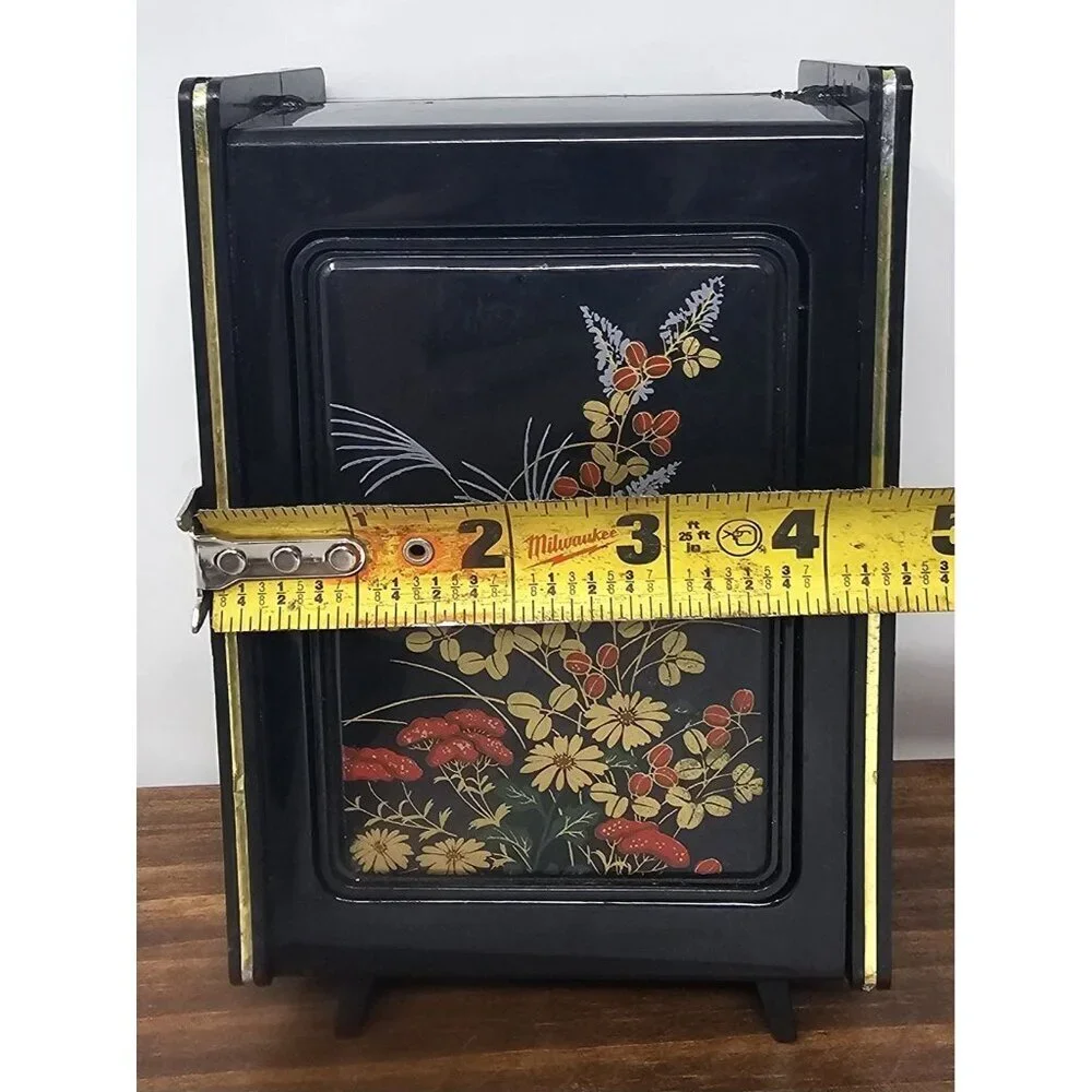 Vintage Hong Kong Black Vanity Jewelry Trinket Box Flip Rotating Mirror Floral